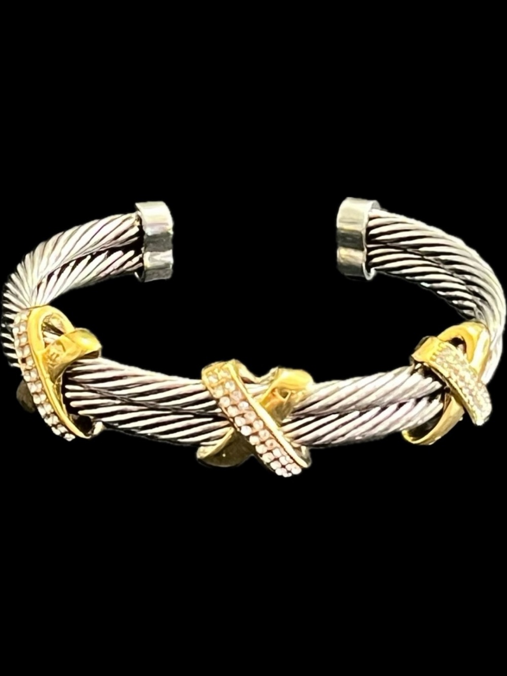 New Black Gold Silver Pave set Cz X Cuff Bangle Cable statement estate Bracelet